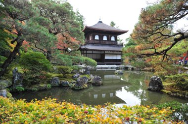 Sonbahar mevsiminde Japonya bahçesindeki eski geleneksel tapınağın nefes kesici manzarası. Yüksek kalite fotoğraf