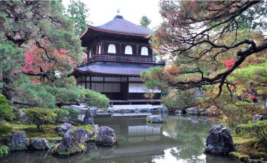 Sonbahar mevsiminde Japonya bahçesindeki eski geleneksel tapınağın nefes kesici manzarası.