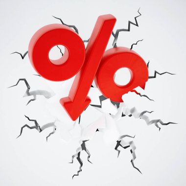 Kırık yere ok ile yüzde sembolü. 3D çizim.