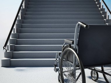Boş tekerlekli sandalye ayakta dik merdiven önünde. 3D çizim.