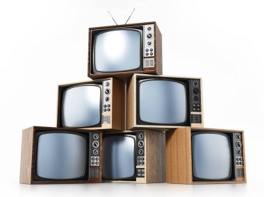 Beyaz arka plan üzerinde izole vintage Tv yığın. 3D çizim.
