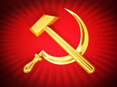 Komünist sembolleri çekiç ve orak kırmızıya. 3D çizim.