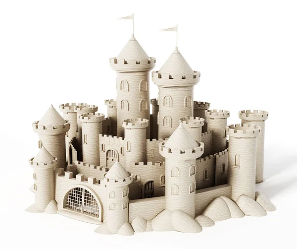 Ayrıntılı sandcastle beyaz arka plan üzerinde izole. 3D çizim.