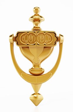 Beyaz arka plan üzerinde izole altın kapı tokmağı. 3D çizim.