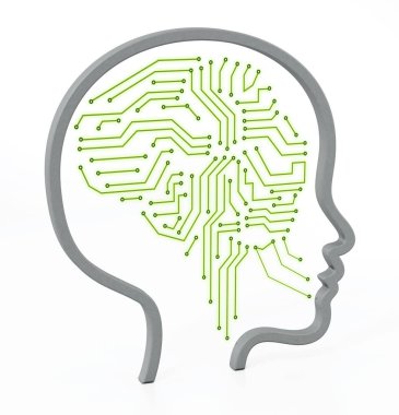 PCB beynin içinde kadın baş simgesi. 3D çizim.