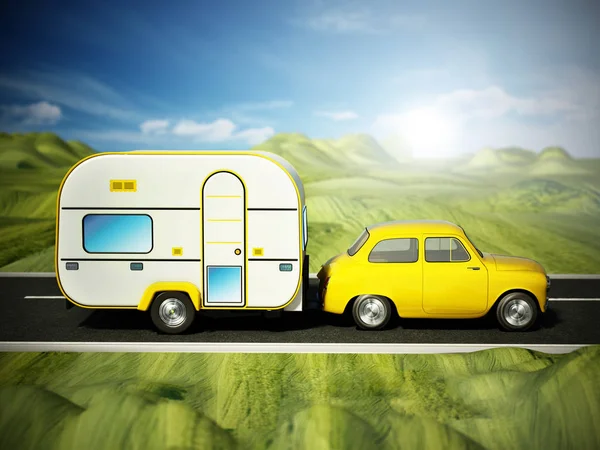 Carro Vintage Amarelo Estrada Com Caravana Ilustração — Fotografia de Stock
