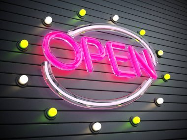 Açık mor neon ışıklı tabela. 3D çizim.