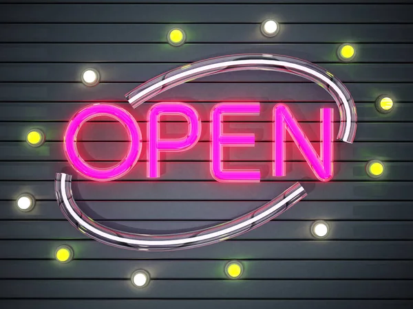 Purple neon illuminated Open signboard. 3D illustration.