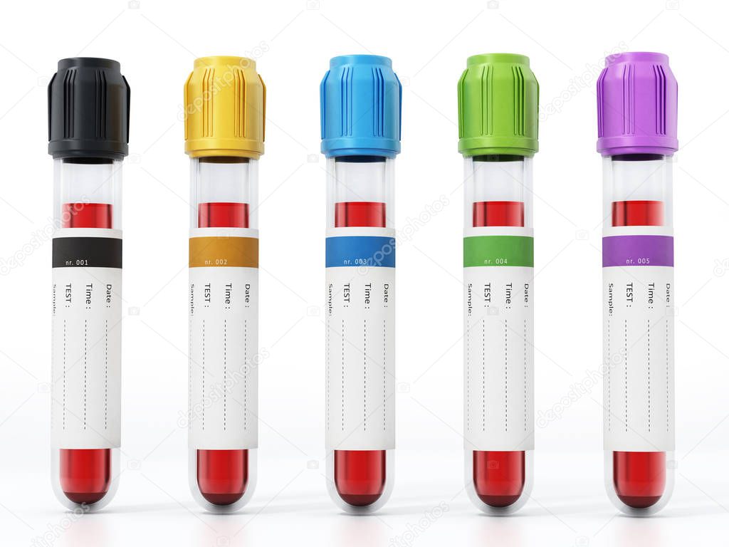 Blood vials with vibrant colored lids. 3D illustration.