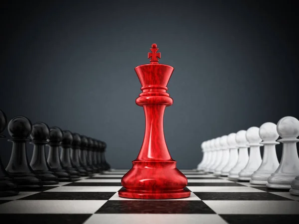 Červená Šachový Král Stojí Mezi Bílými Černými Pěšci Obrázek — Stock fotografie