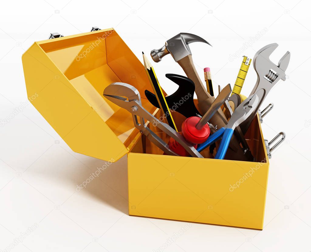 Yellow toolbox with hand tools. 3D illustration.
