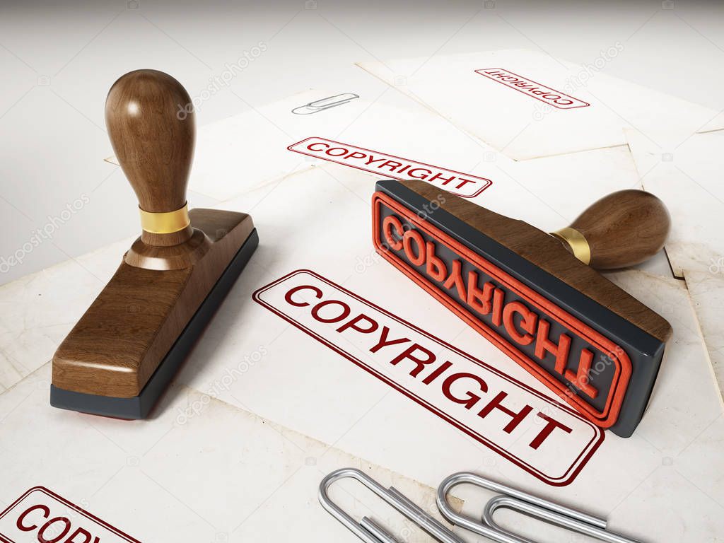 Copyright stamp standing on documents. 3D illustration.