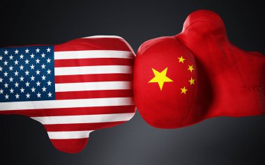 Amerikan ve Çin bayrağı boks eldivenleri siyah dokulu. 3D çizim.