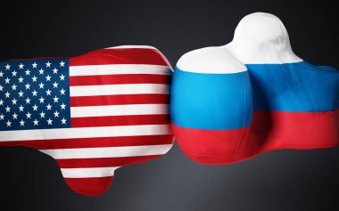 Amerikan ve Rus bayrağı boks eldivenleri siyah dokulu. 3D çizim.