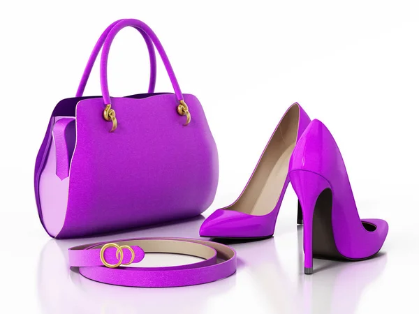 Bolso Púrpura Zapatos Cinturón Aislados Sobre Fondo Blanco Ilustración —  Fotos de Stock