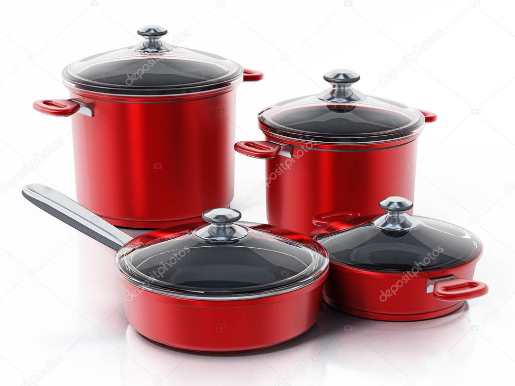 Cooking pots in various size isolated on white background. 3D illustration.