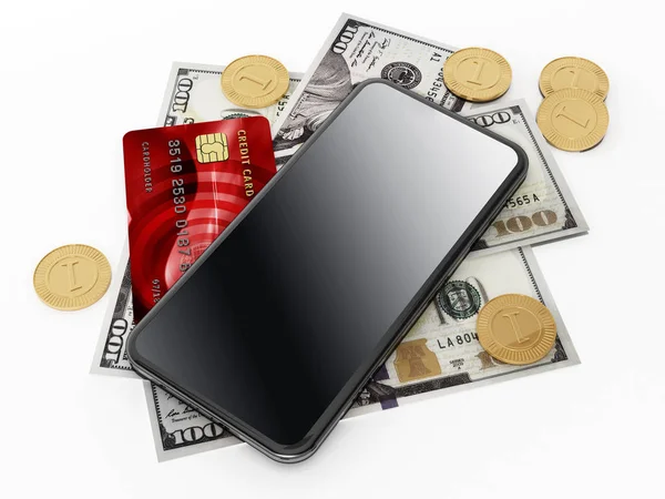 Smartphone Carte Credito Banconote Isolate Sfondo Bianco Illustrazione — Foto Stock