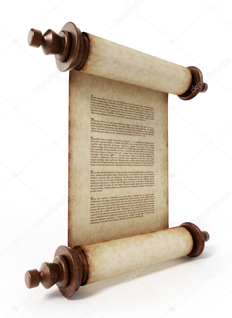 Old scroll with lorem ipsum text isolated on white background. 3D illustration.