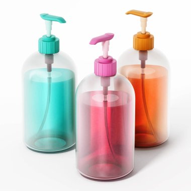 Beyaz arka plan üzerinde izole renkli sabun şişe. 3D çizim.