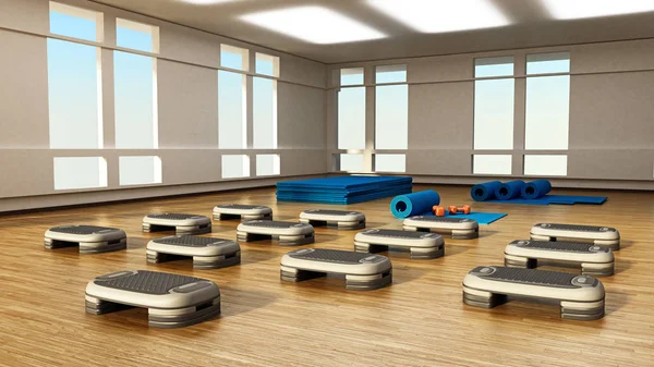 Step boards arranged inside the gym or fitness center. 3D illustration.