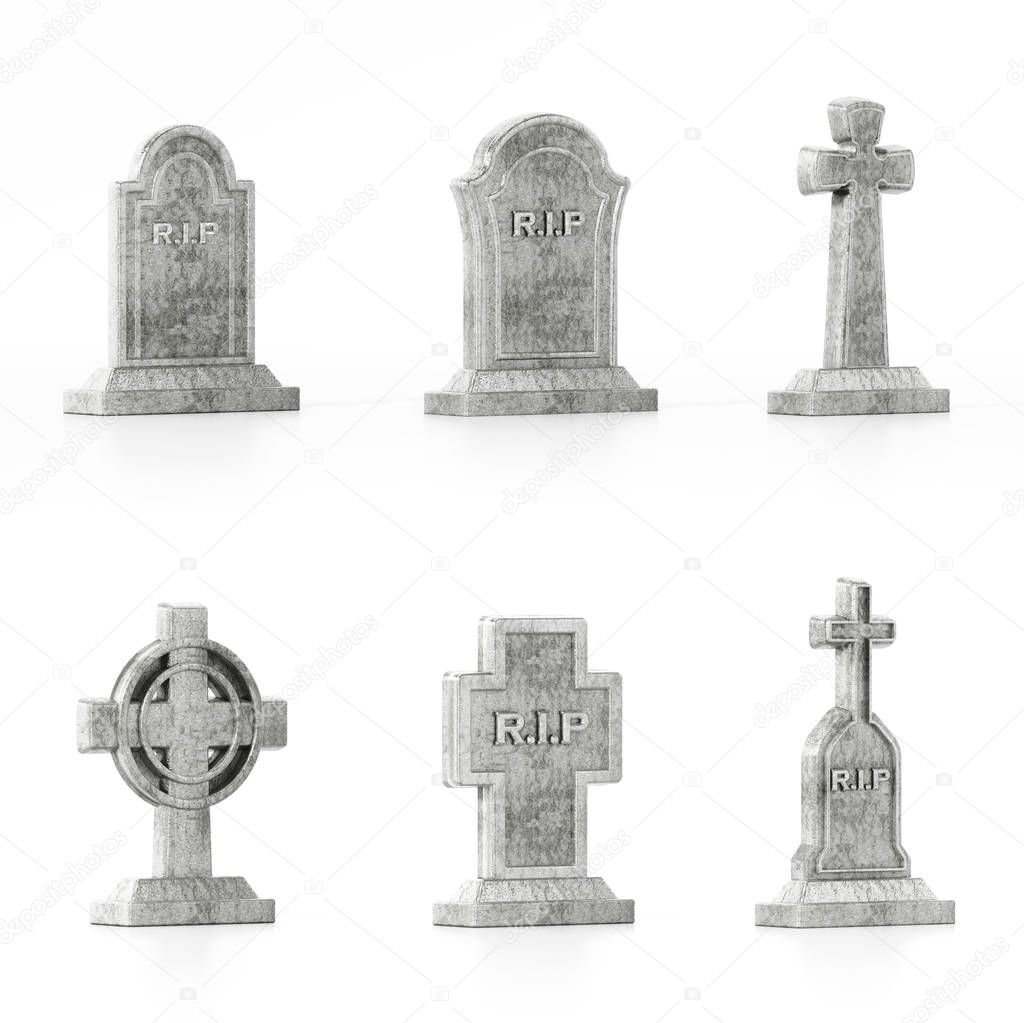 Six different gravestone models isolated on white background with soft reflections.