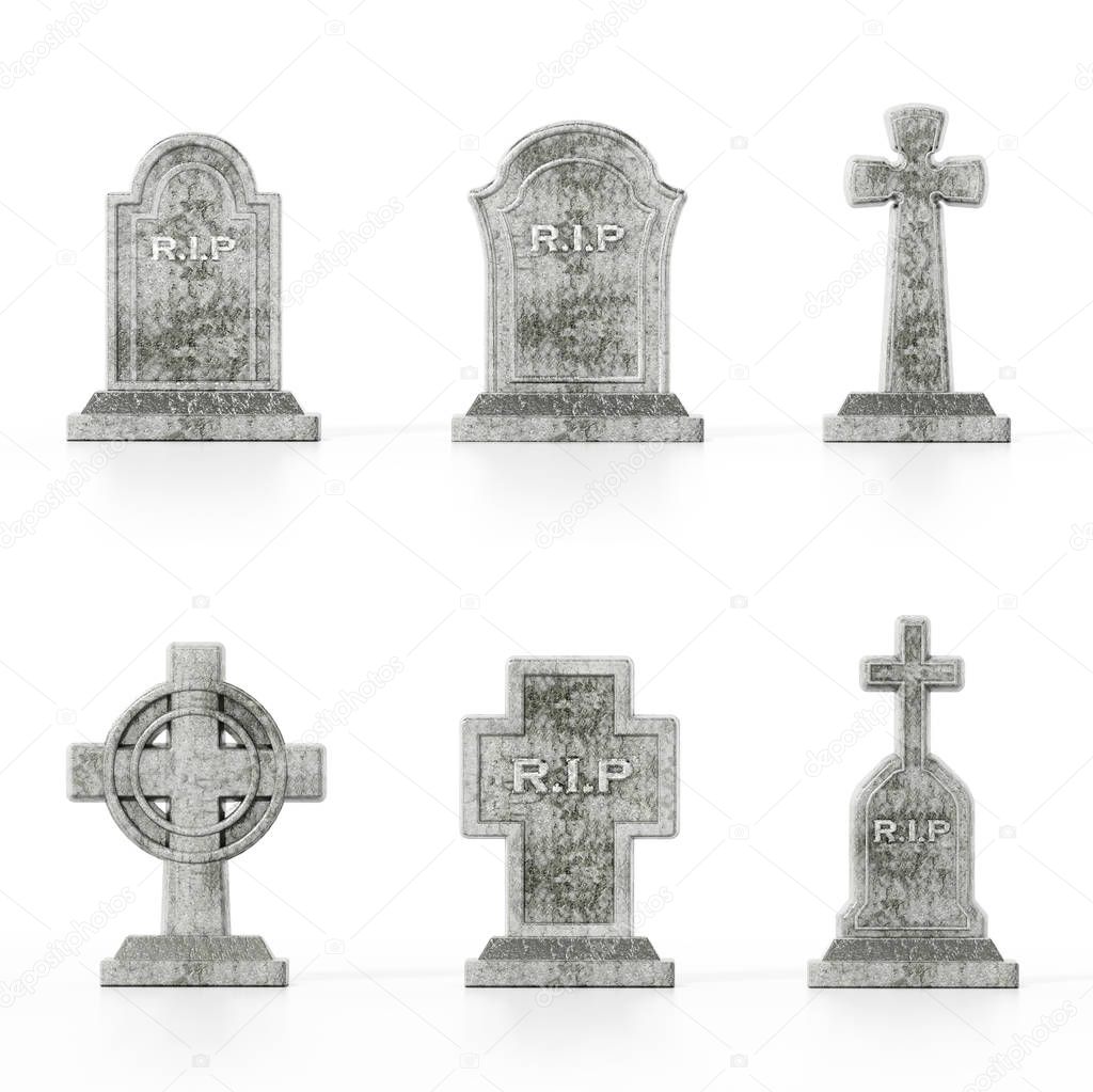 Six different gravestone models isolated on white background with soft reflections.