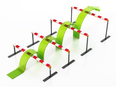 Mavi ok engellerin üzerinden atlama. 3D çizim.