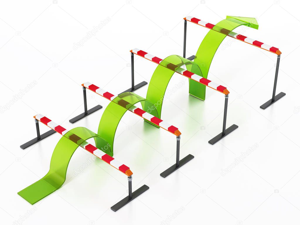 Blue arrow jumping over the obstacles. 3D illustration.