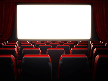 Boş kırmızı film tiyatro koltukları ve boş sinema ekran. 3D çizim.