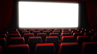 Boş kırmızı film tiyatro koltukları ve boş sinema ekran. 3D çizim.