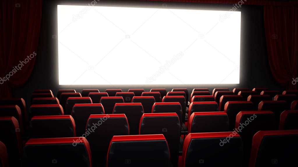 Empty red movie theater seats and blank cinema screen. 3D illustration.