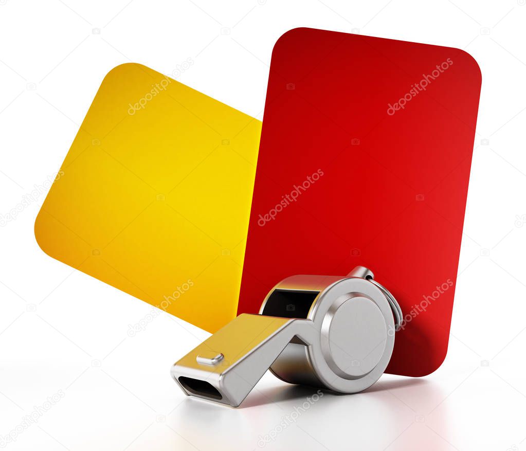 Red, yellow cards and referee whistle isolated on white background. 3D illustration.