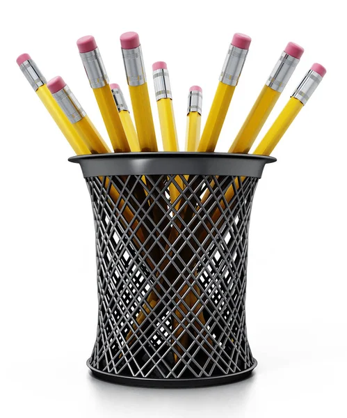 Černé Pero Držitel Plné Žluté Tužky Izolovaných Bílém Pozadí Obrázek — Stock fotografie