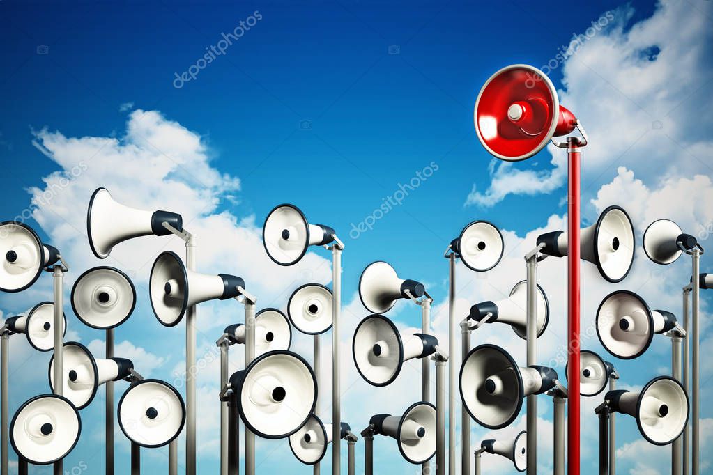 Red megaphone covering higher ground stands out among others. 3D illustration.