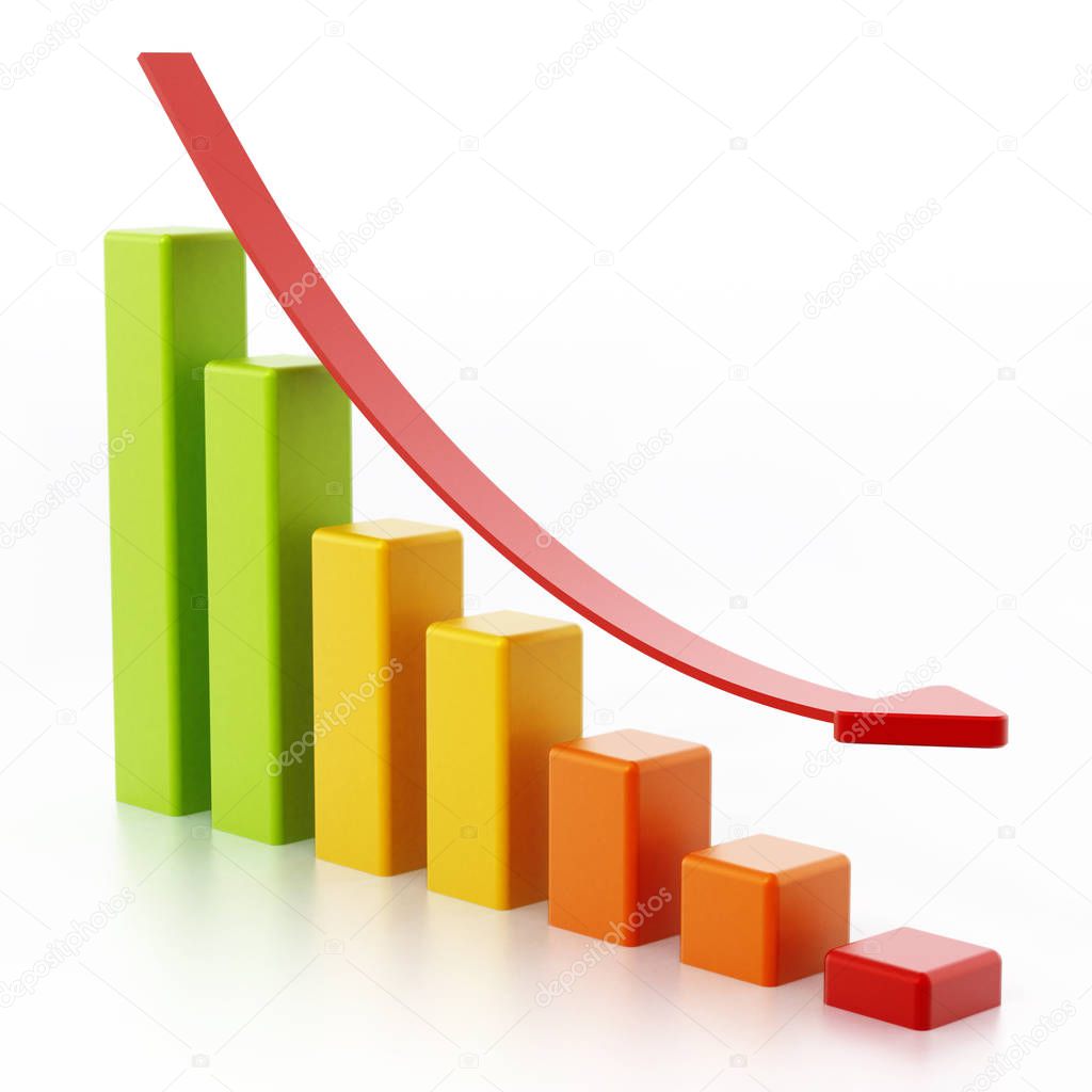Stat bars and falling arrow showing a downward trend. 3D illustration.