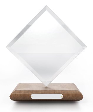 Beyaz arka plan üzerinde izole boş tabela ile akrilik ödül. 3D çizim.