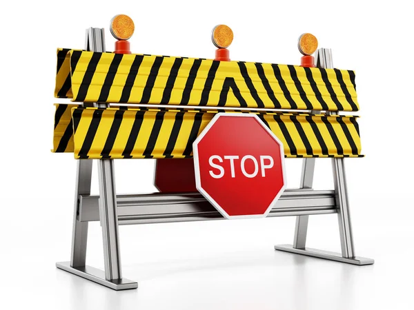 Straßensperre Mit Stoppschild Auf Weißem Hintergrund Illustration — Stockfoto