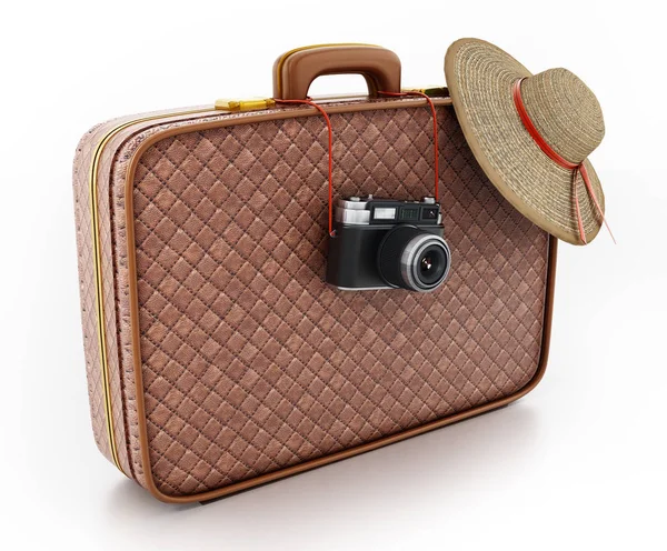 Vintage camera and women\'s hat hanging on suitcase. 3D illustration.