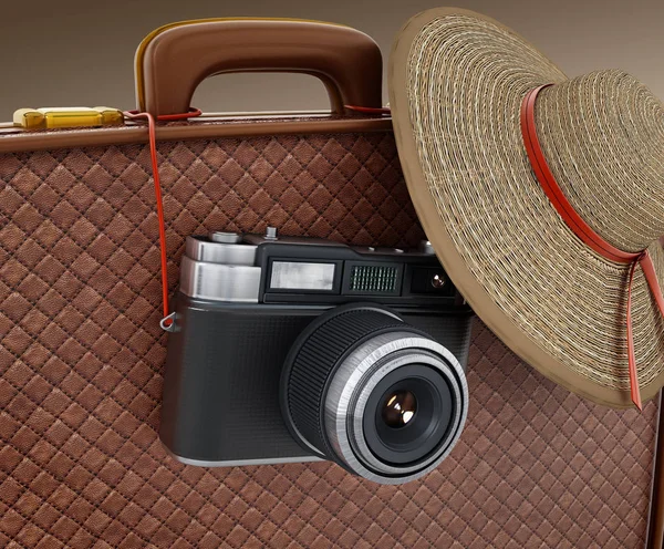 Vintage camera and women\'s hat hanging on suitcase. 3D illustration.
