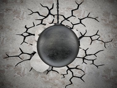 Yıkım topu eski duvar yıkan. 3D çizim.