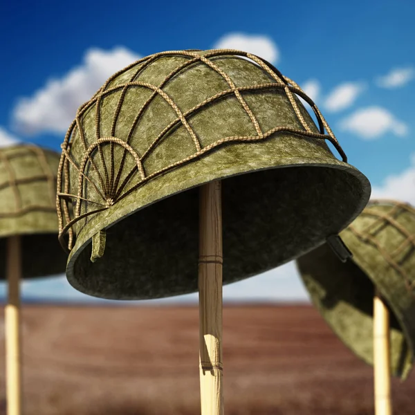 World War II helmets against blue sky. 3D illustration.