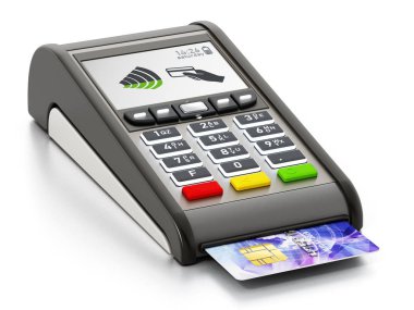 POS makinesi ve kredi kartı beyaz arka plan üzerinde izole. 3D çizim.