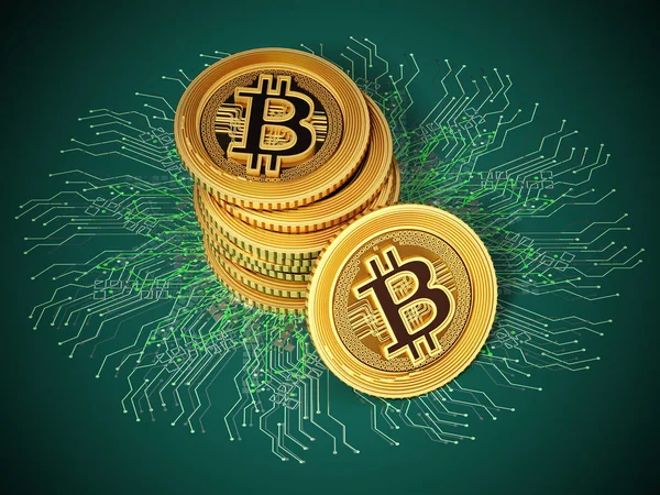 Dijital sikke yeşil Pcb. 3d çizim üzerinde duran.