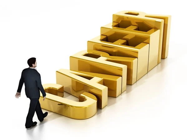 Businessman and career steps leading through the gold cup. 3D illustration.