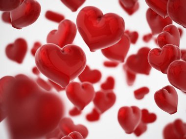 Dof etkisi ile düşen kalpleri arka plan. 3D çizim.