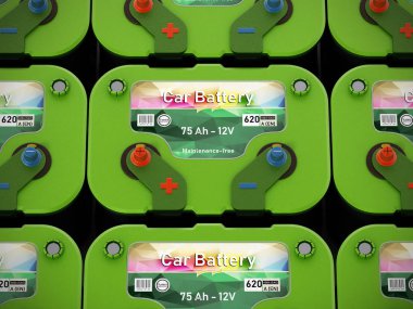 Modern otomobil bataryaları yığını. 3D çizim.