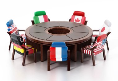 G7 yuvarlak masa etrafında duran işaretler. 3D çizim.