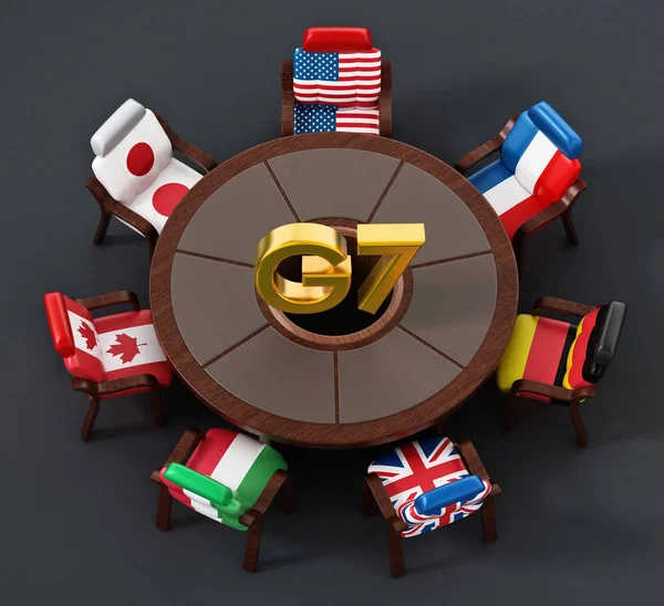 G7 flags standing around round table. 3D illustration.