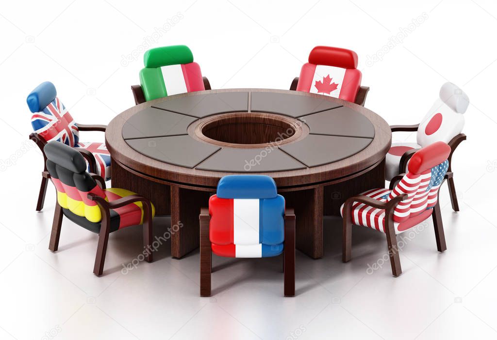 G7 flags standing around round table. 3D illustration.