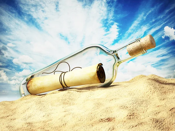 Message in a bottle standing on the beach sand. 3D illustration.